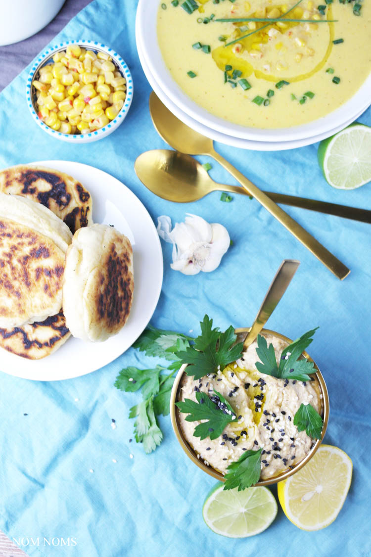 wärmende maissuppe, cremiger hummus und knusprig luftige pita aus der pfanne ❤