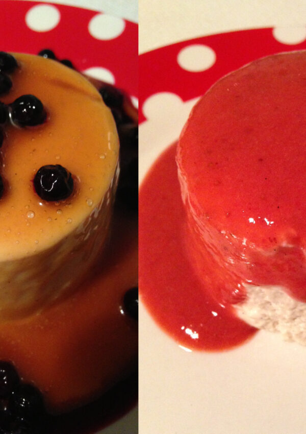 panna cotta with caramel & blueberry or strawberry sauce | panna cotta mit karamell & blaubeeren oder erdbeer-sauce