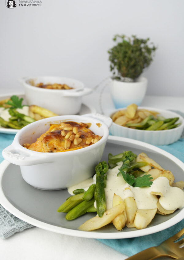 Zweierlei cremiger Vanille-Spargel mit Süßkartoffel-Auflauf ❤